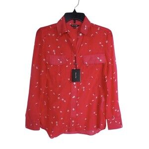 NEW 2 Massimo Dutti Red White Daisy Top Blouse Shirt Silk Cotton USA NWT